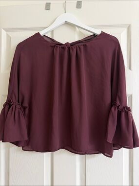 Shinestar Wine Ruffle-Sleeve Blouse